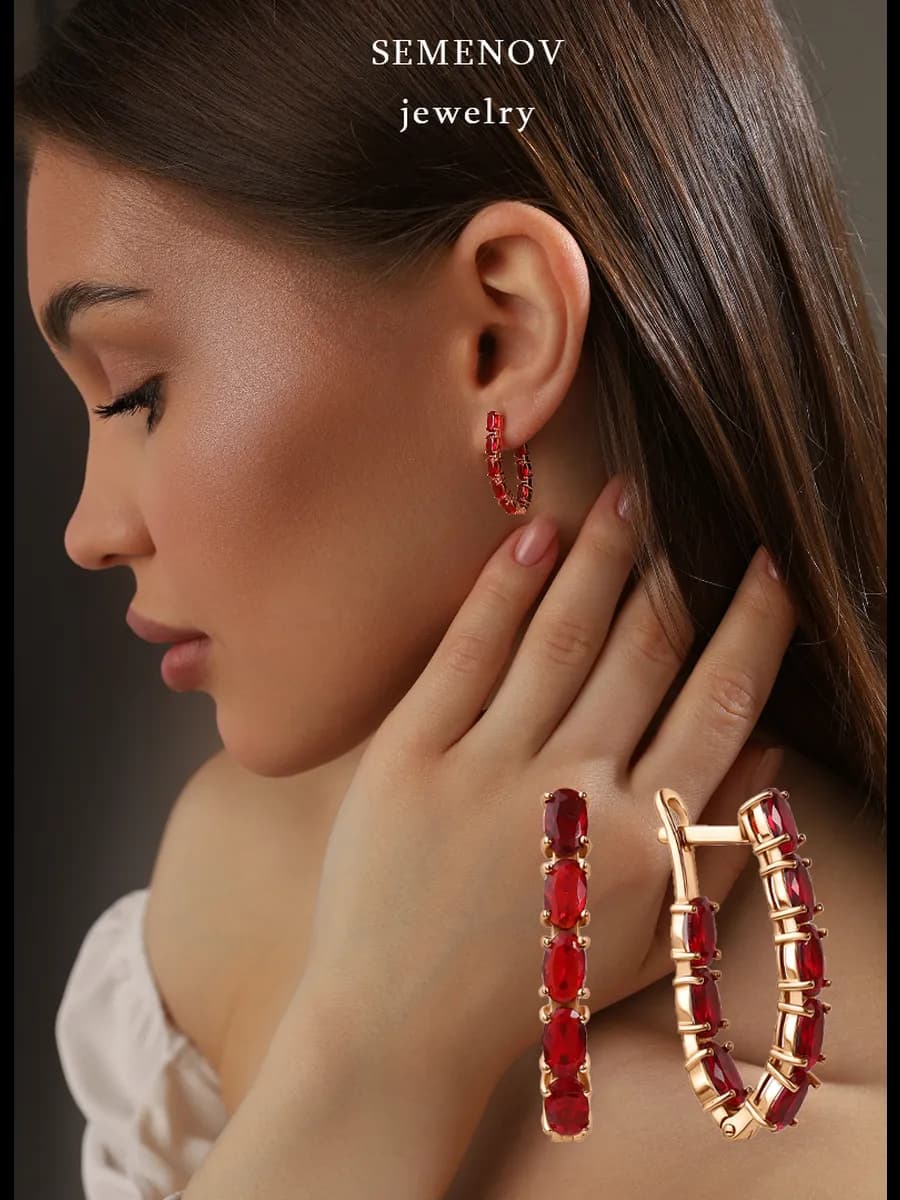 Серебряные серьги с красными камнями позолоченные