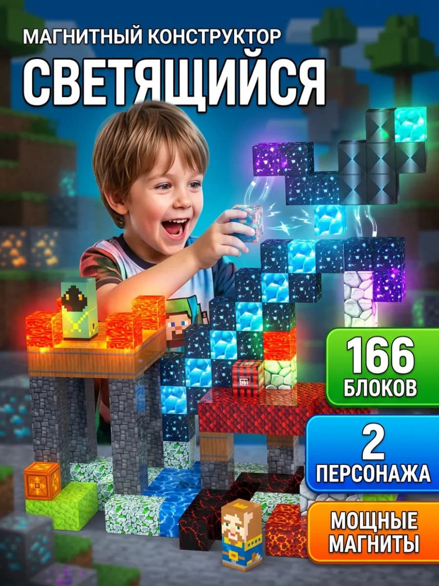 Светящийся магнитный конструктор 3D, 166 блоков
