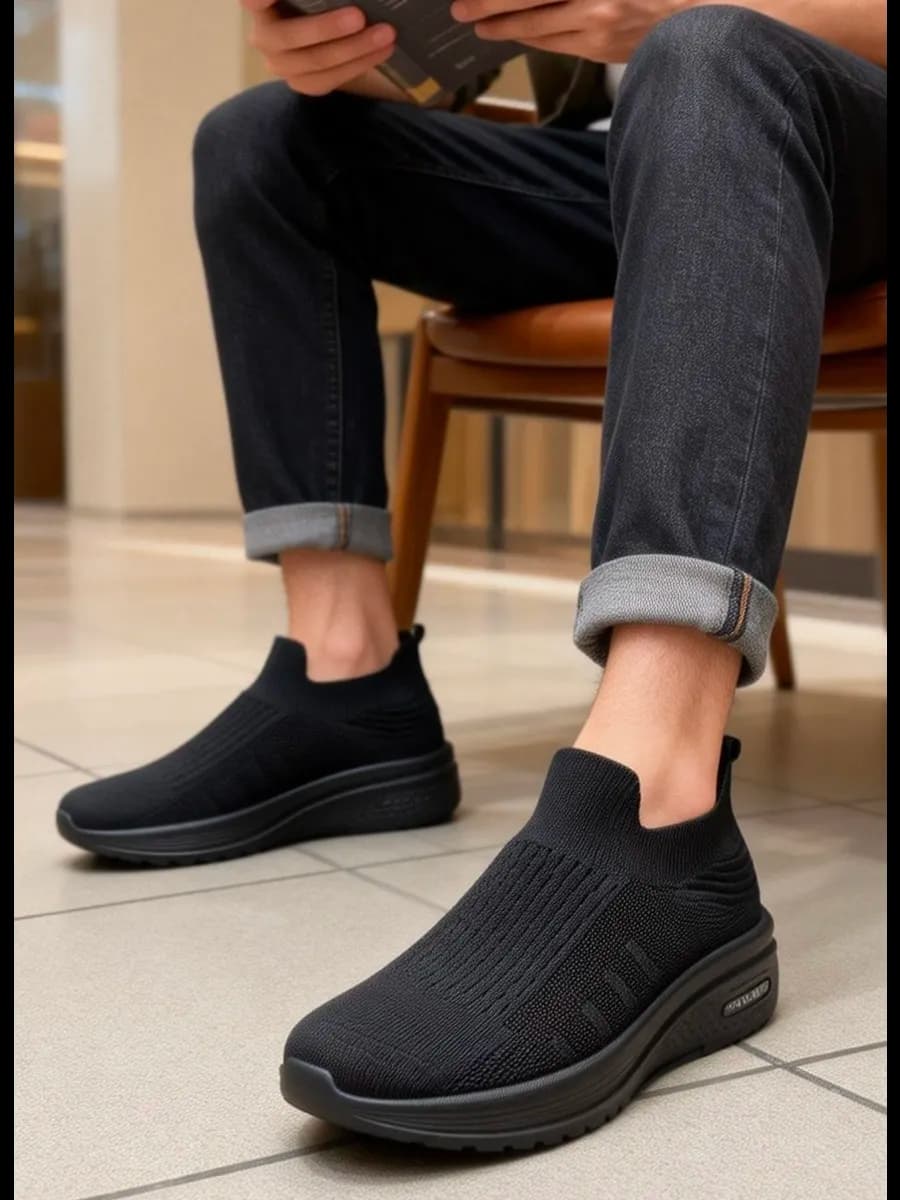 Кроссовки тканевые черные, слипоны без шнурков