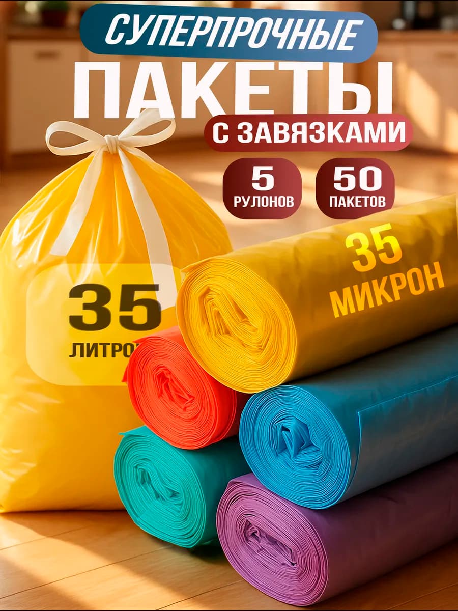 Мешки для мусора 35 л прочные цветные с завязками - фото 1