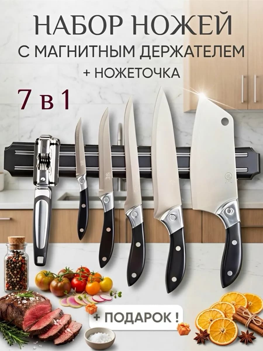 Набор ножей кухонных с точилкой и магнитом