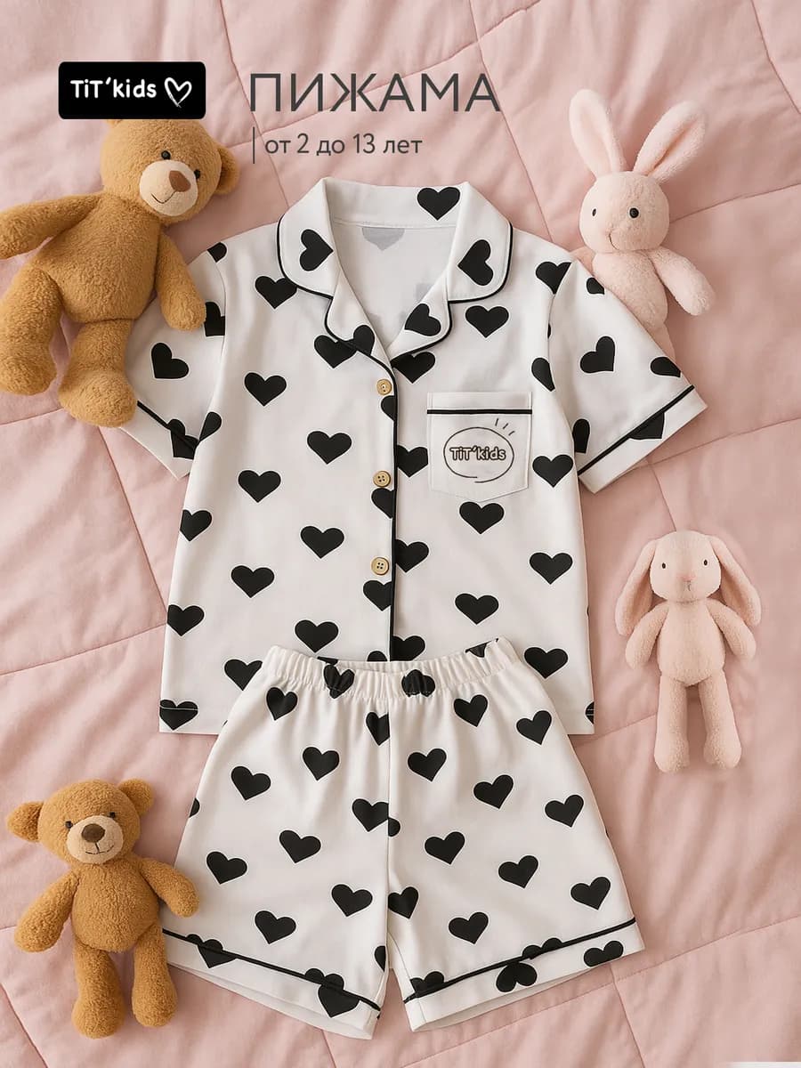 Пижама для девочки с сердечками с шортами хлопок