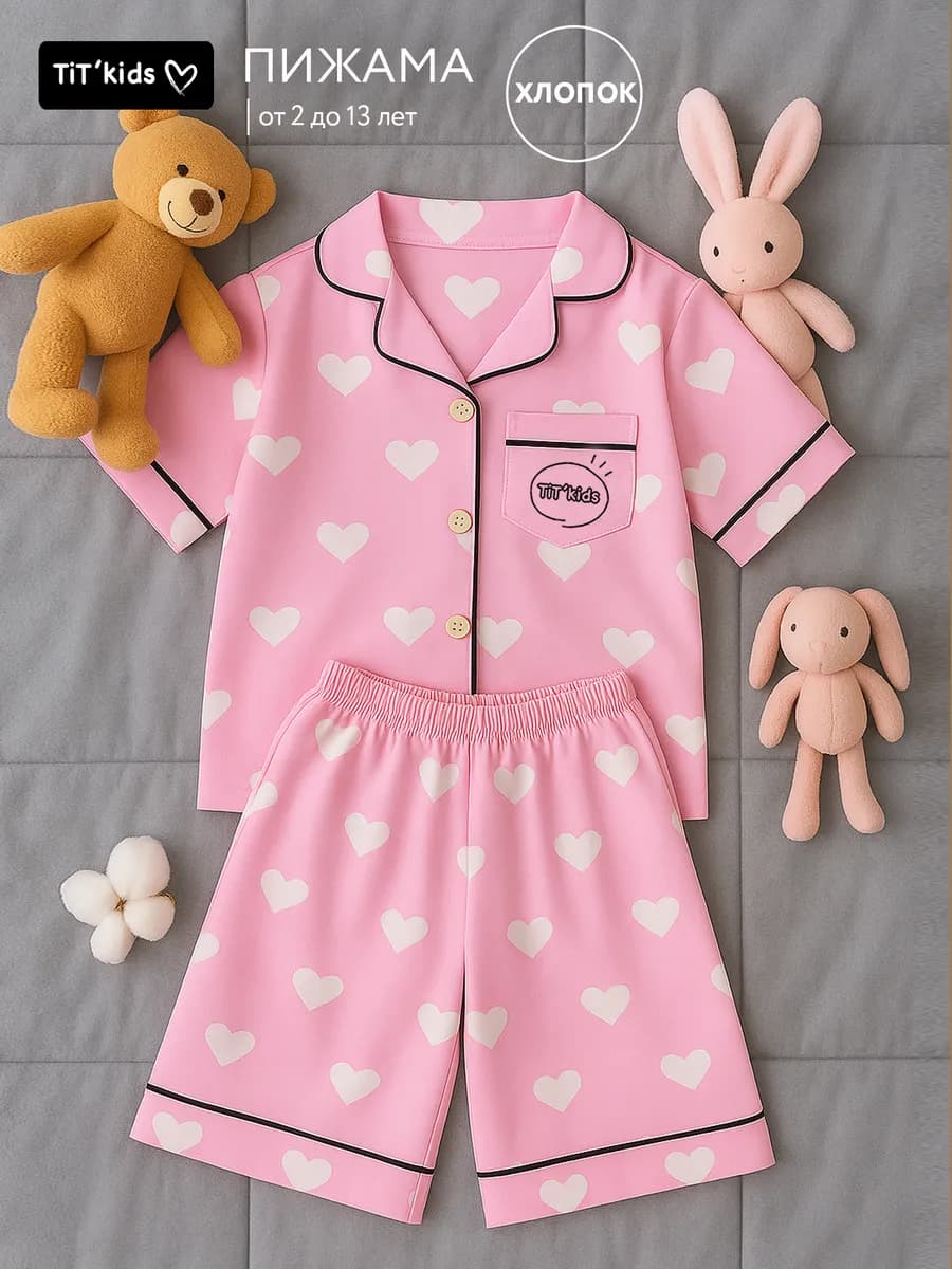 Пижама для девочки с сердечками с шортами и рубашкой хлопок