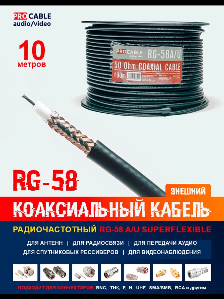 Коаксиальный кабель RG-58 A U SUPERFLEXIBLE (10 метров)