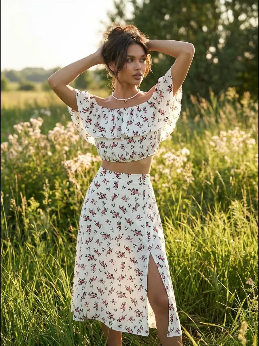 Костюм женский летний, комплект с юбкой и топом