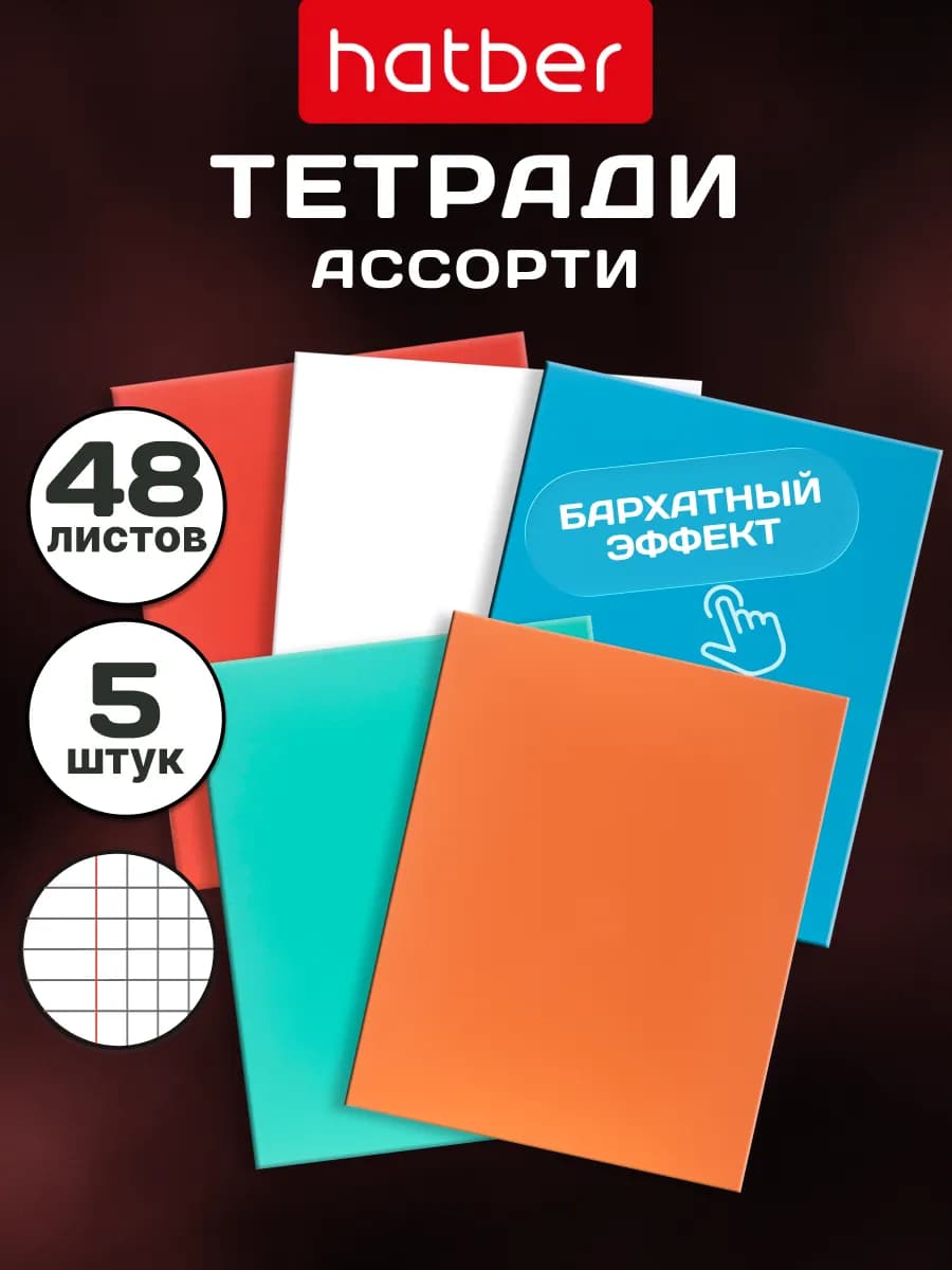 Тетрадь 48 листов в клетку 5 штук бархатное покрытие