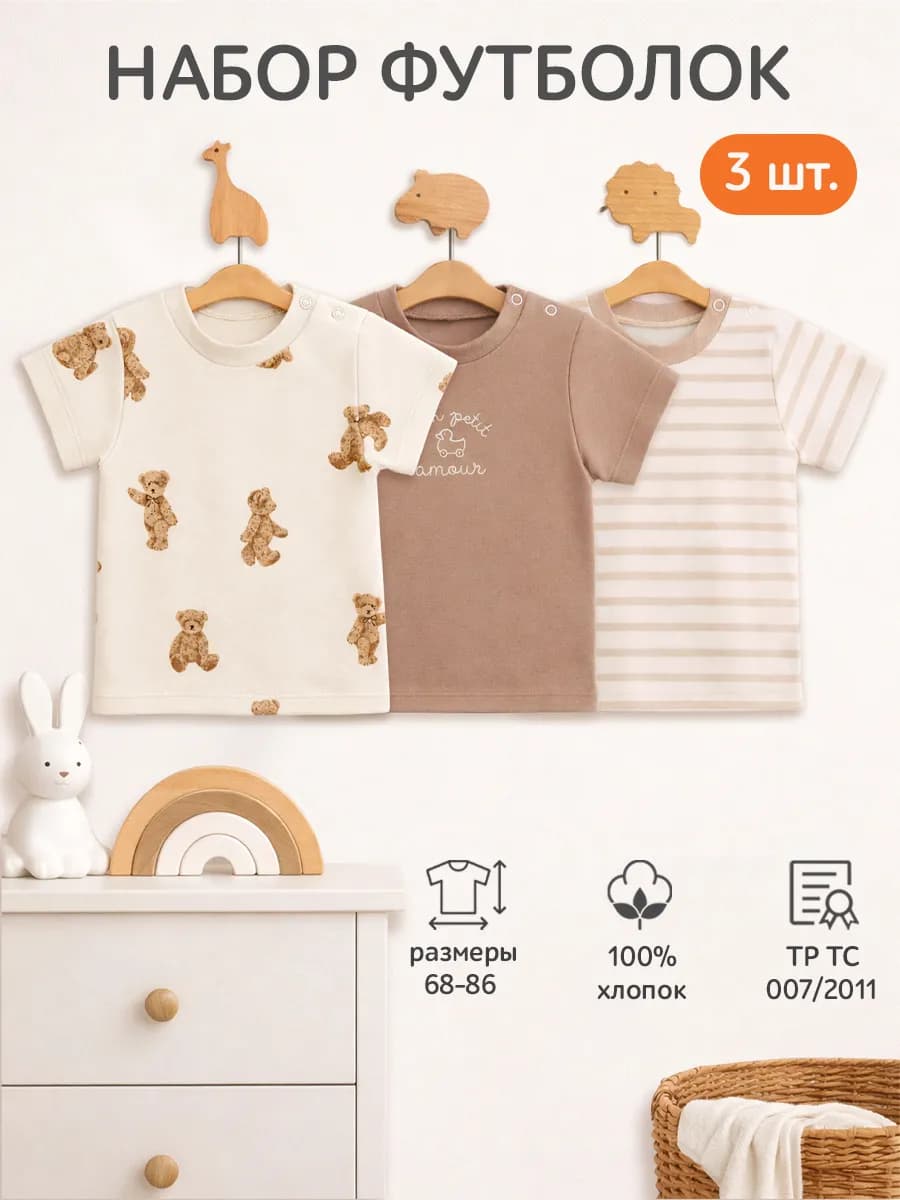 Футболки для новорожденных 3шт Медведи