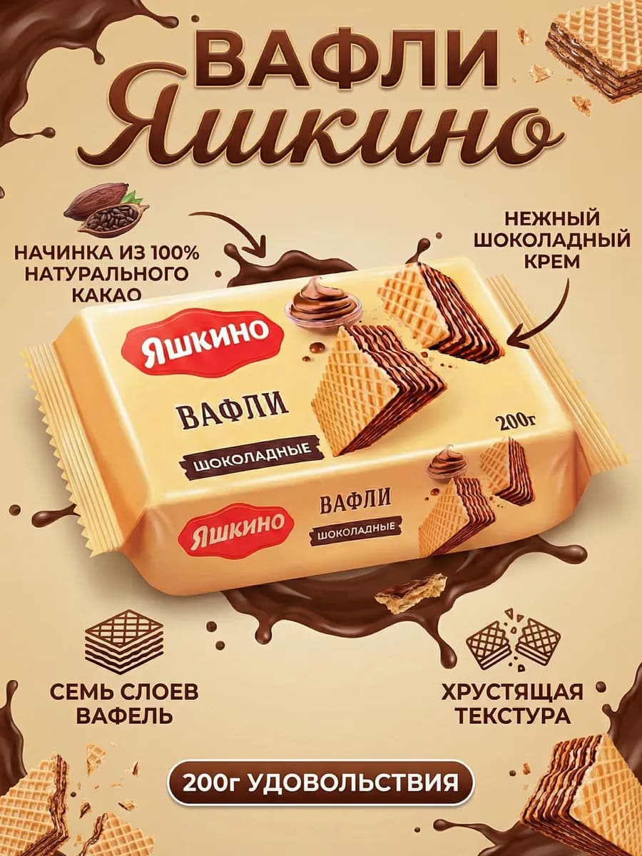 Вафли Шоколадные Яшкино 200гр