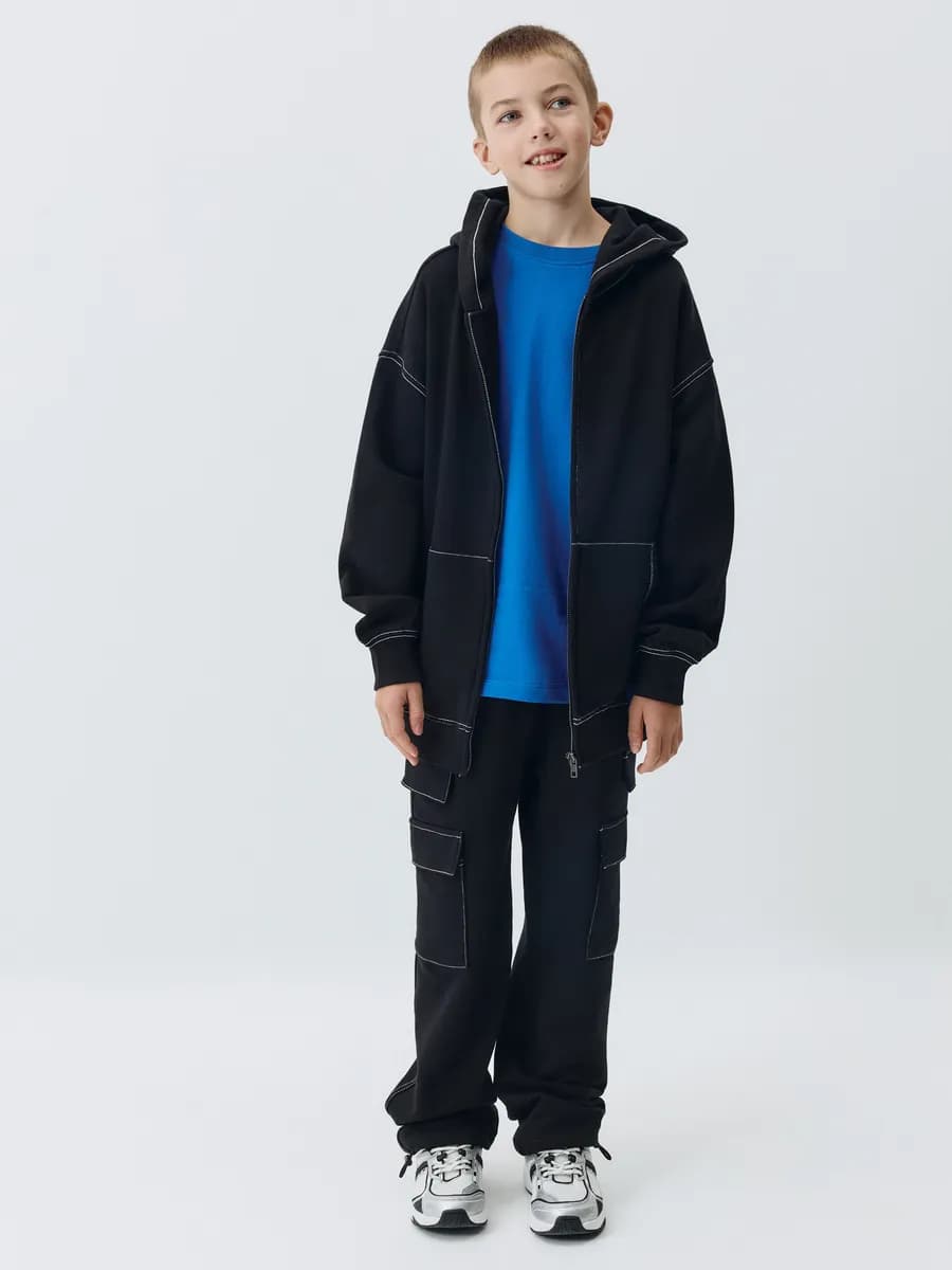 Брюки карго трикотажные черные с белой строчкой