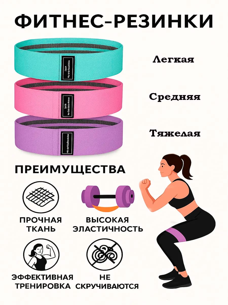 Фитнес резинки тканевые набор 3 шт
