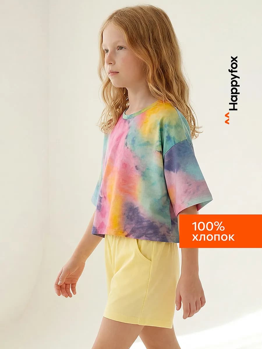 Футболка детская оверсайз короткая с принтом тайдай