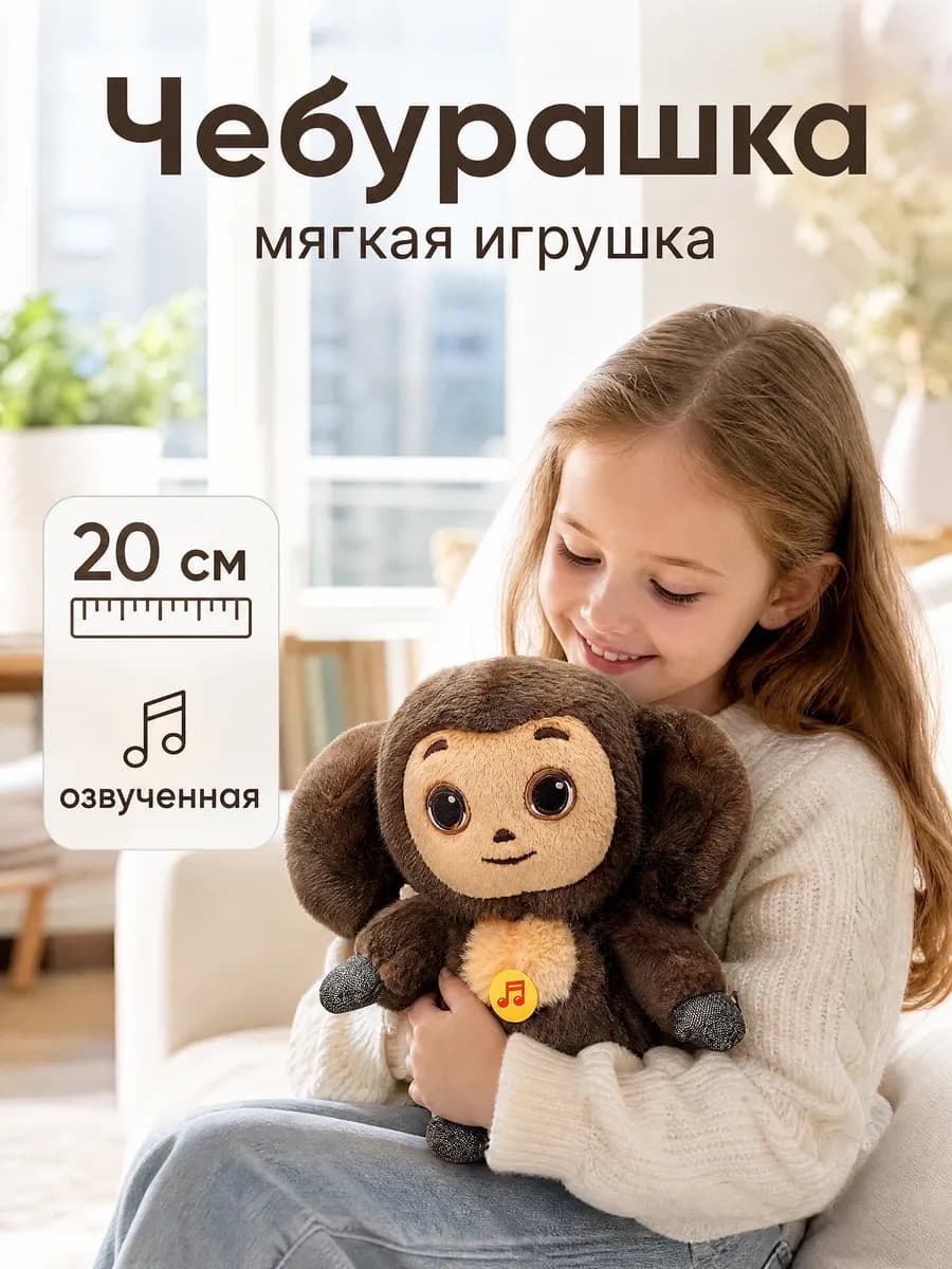 Чебурашка игрушка мягкая музыкальная плюшевая для детей