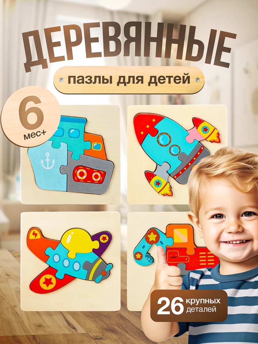 Деревянные пазлы макси для малышей 4 штуки