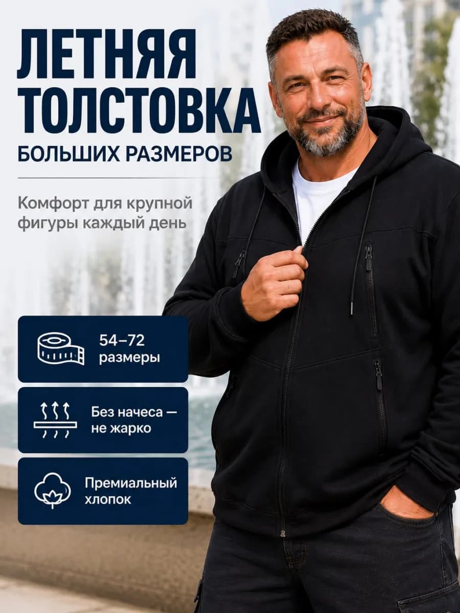 Толстовка больших размеров на молнии 52-72