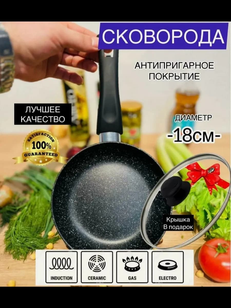 Сковорода для индукционной плиты с мраморным покрытием 18 см - фото 1
