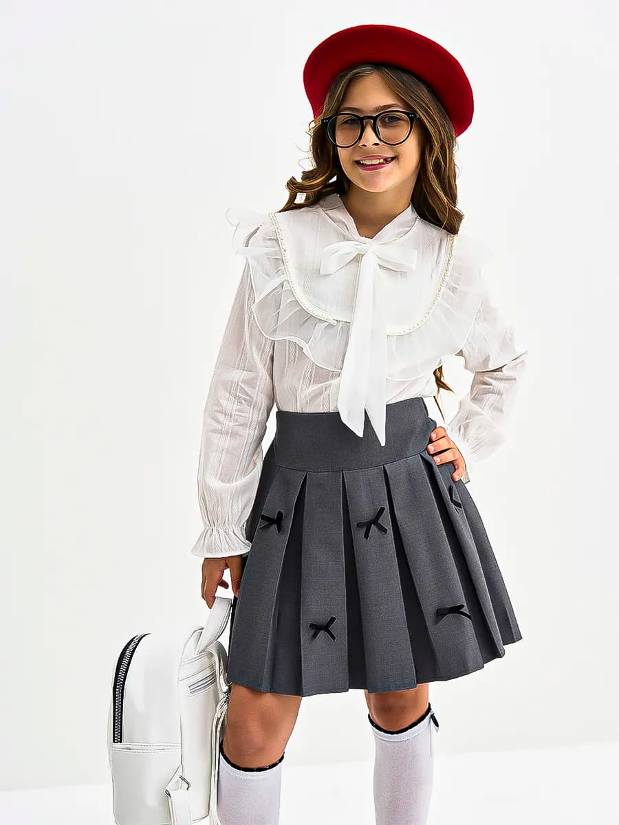 Юбка серая школьная плиссе с бантиками
