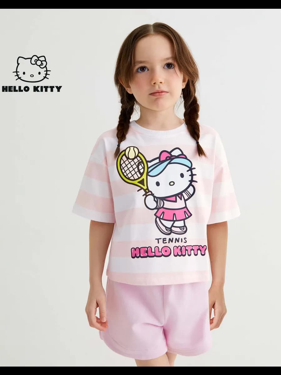 Розовая футболка oversize в полоску с принтом Hello Kitty
