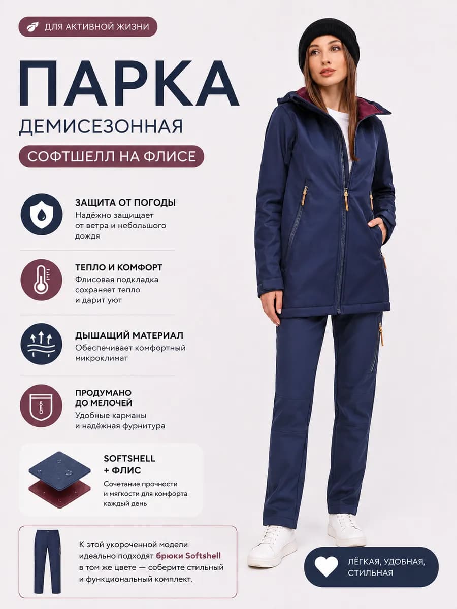 Парка демисезонная софтшелл на флисе удлиненная темно-синяя