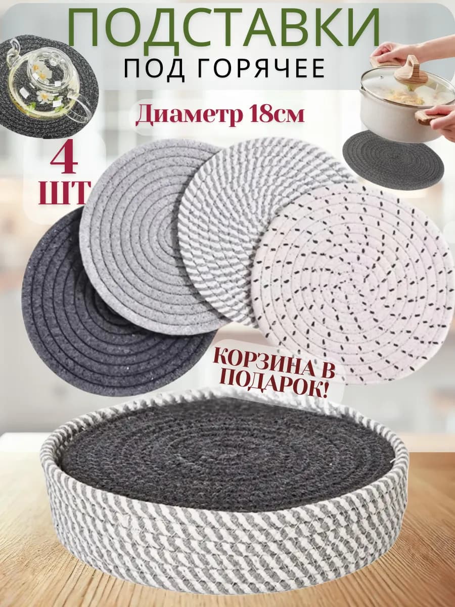 Подставка под горячее и для посуды круглая, 4 шт