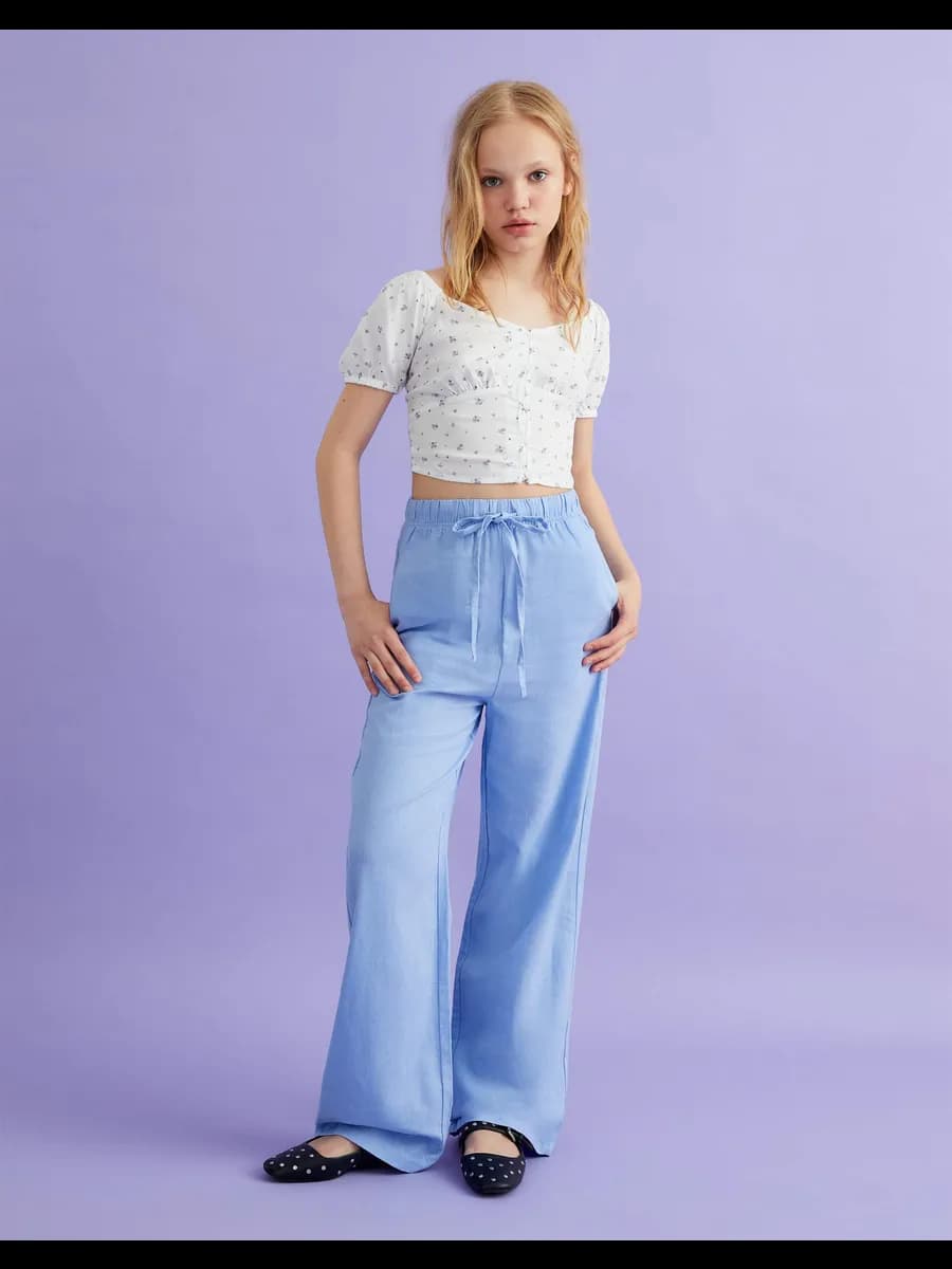 Голубые брюки Wide leg изо льна