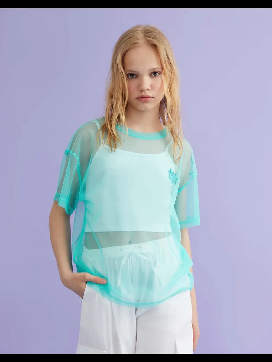 Мятная сетчатая футболка oversize с принтом