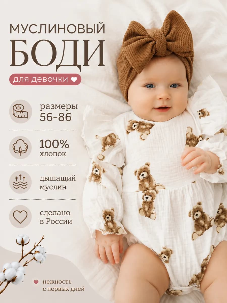 Боди для новорожденных муслиновое летнее