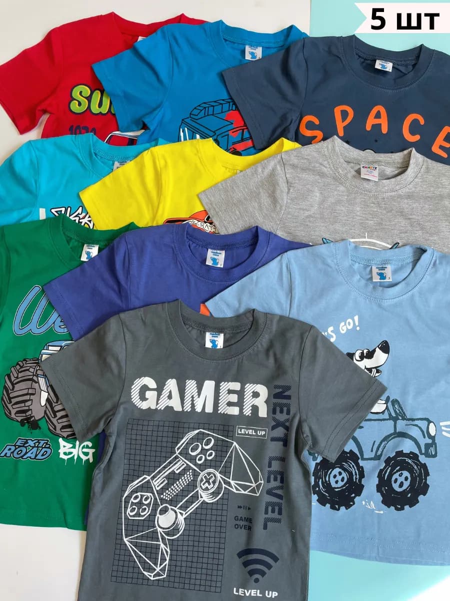 Футболки с принтом микс цвета 5шт