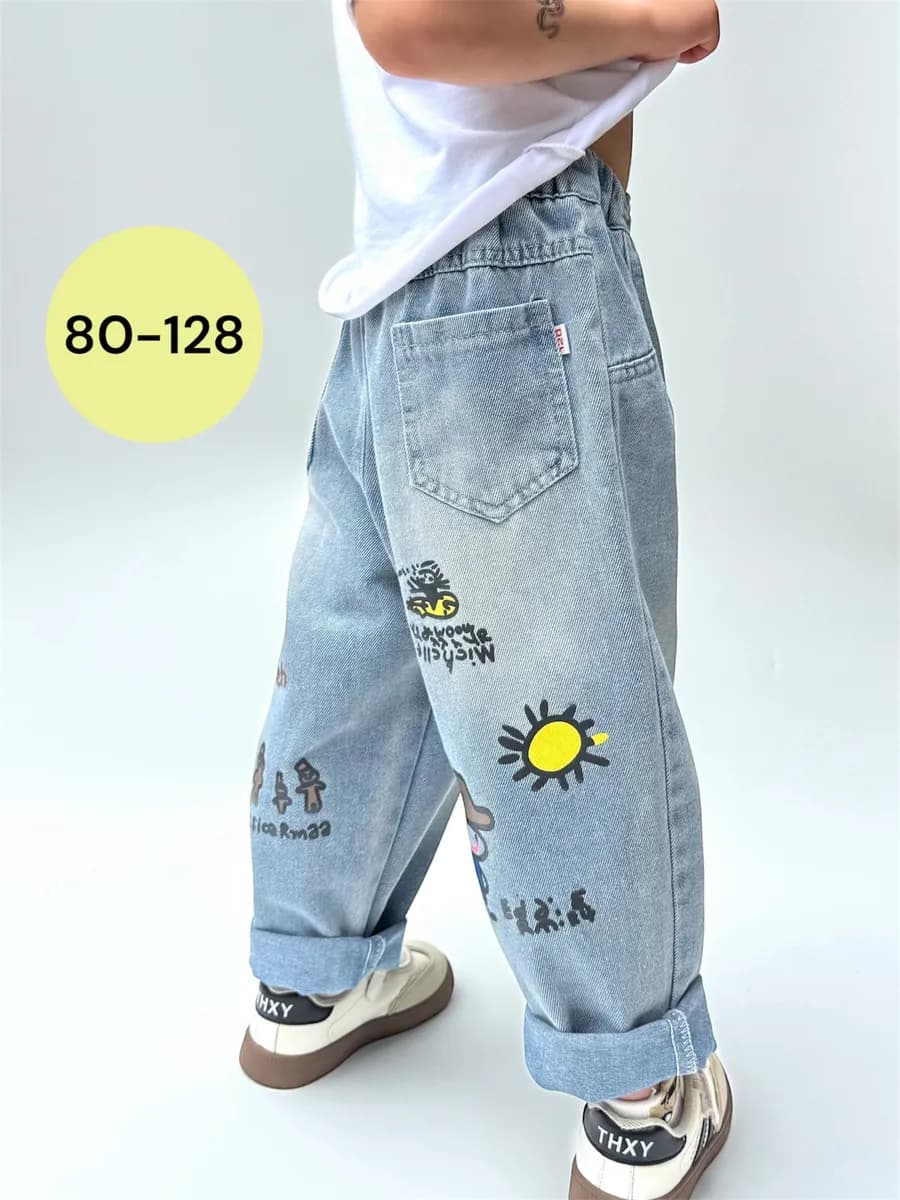 Джинсы детские широкие с принтом на резинке