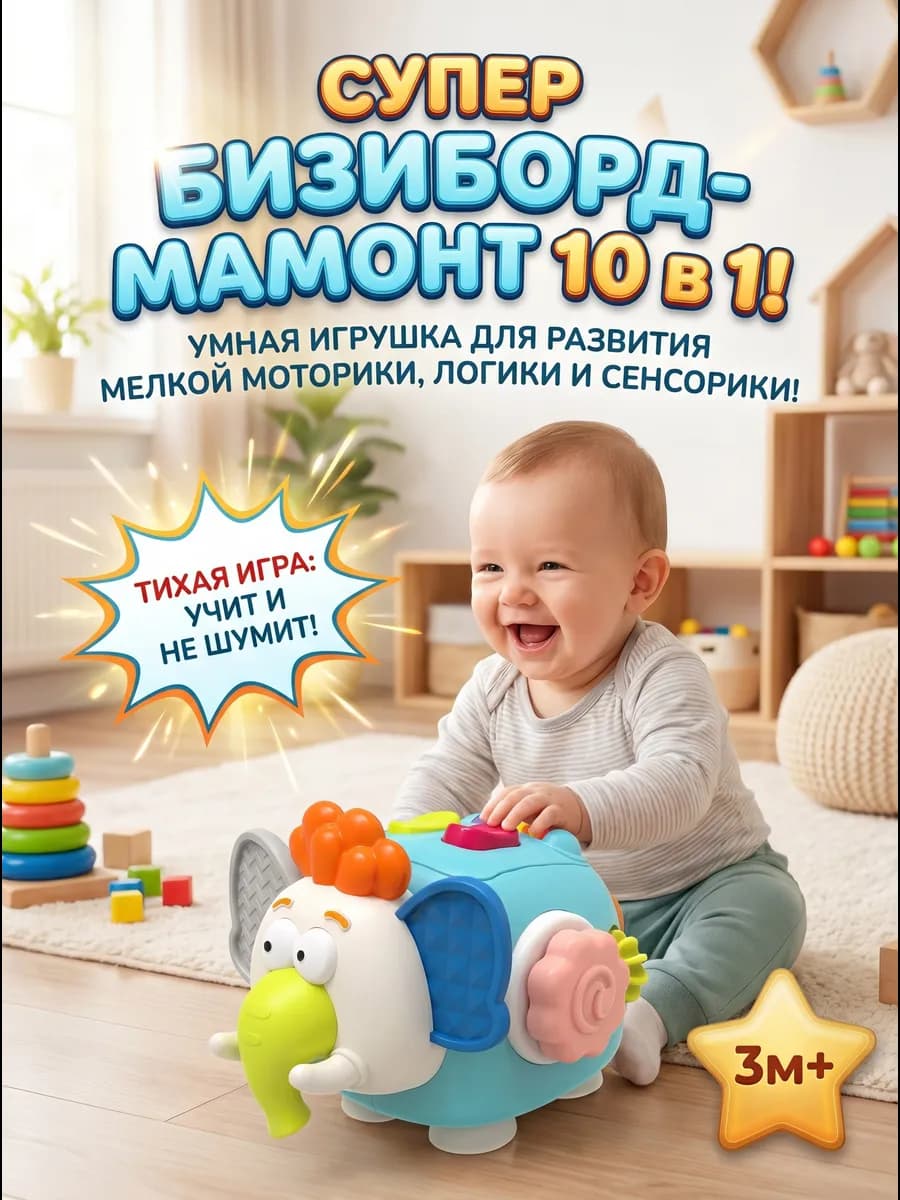 Интерактивный сенсорный бизиборд Монтессори Слоник