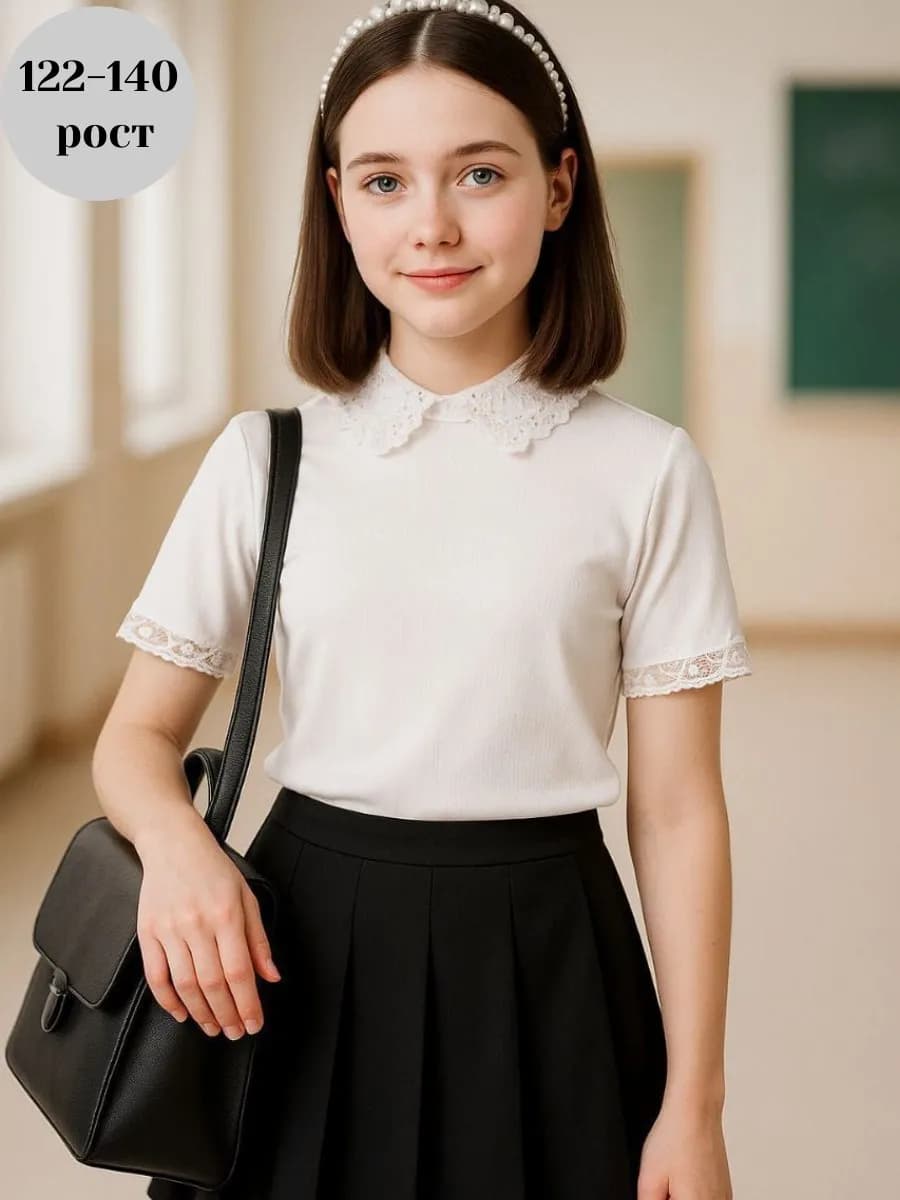 Блузка футболка школьная нарядная с кружевом