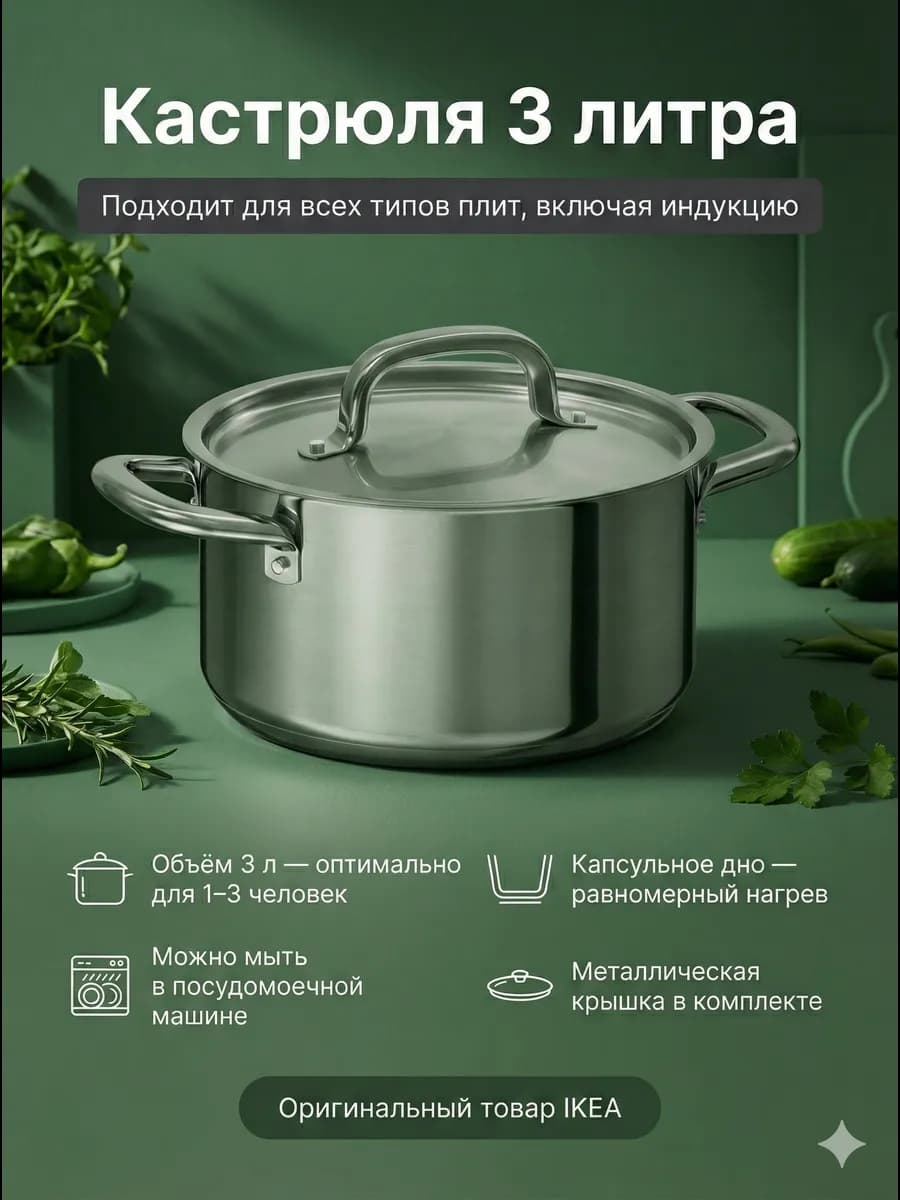 Кастрюля 3 литра с крышкой ИКЕА