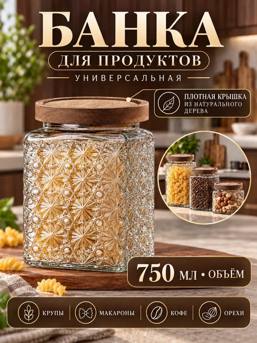 Банка для сыпучих продуктов стеклянная крышка 750мл 1шт