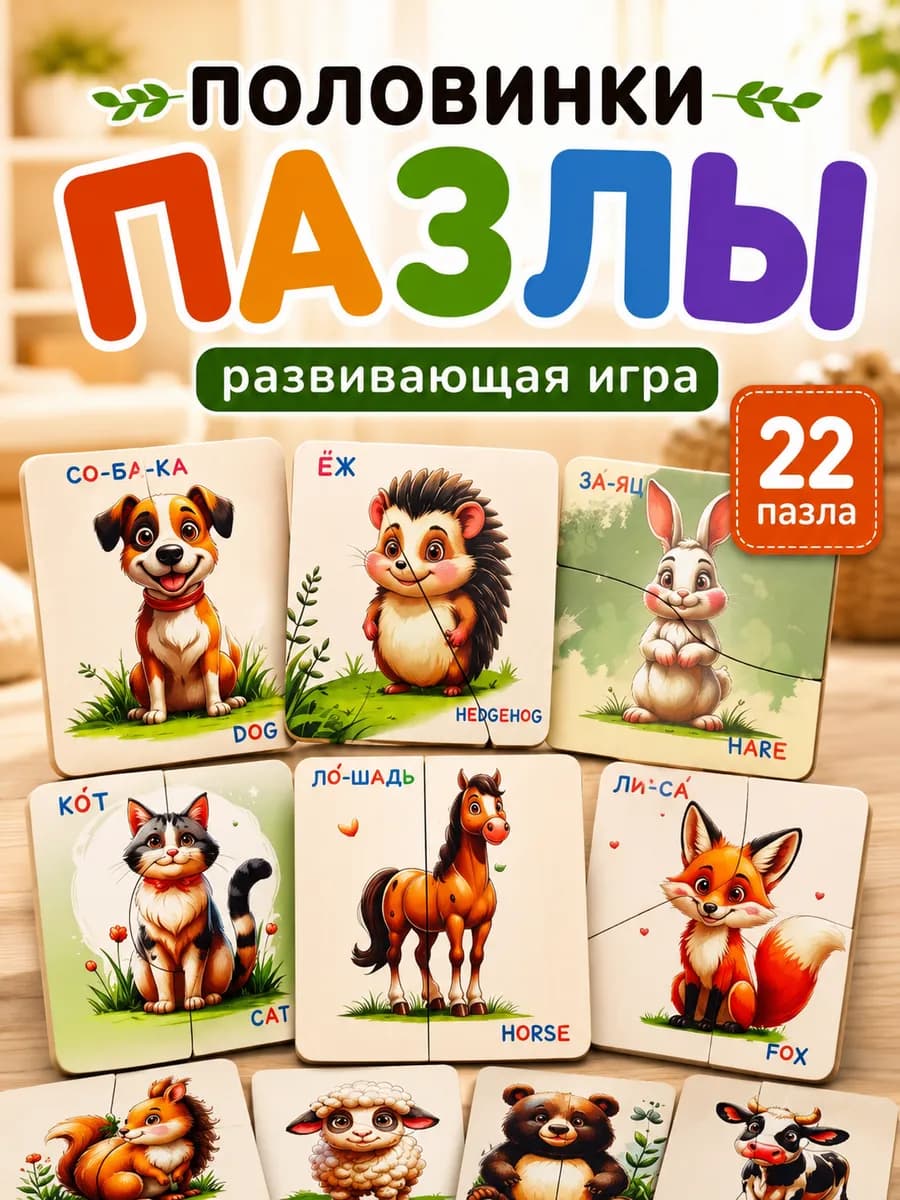 Пазлы картинки половинки Учим животных на английском