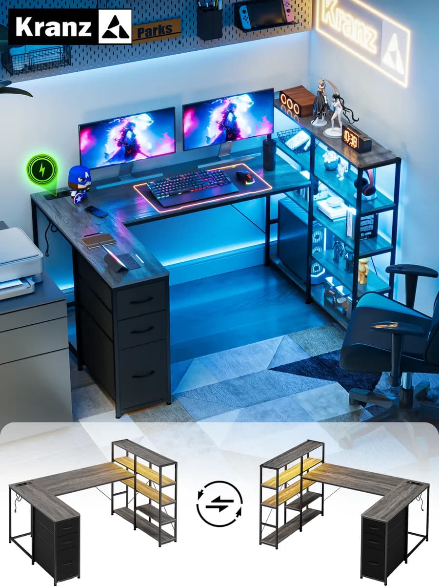 Угловой стол Kranz П-образный (3 ящ розетка LED)