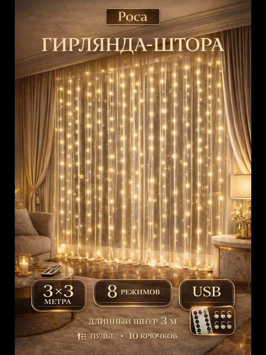 Гирлянда штора 3х3 USB белый тёплый свет