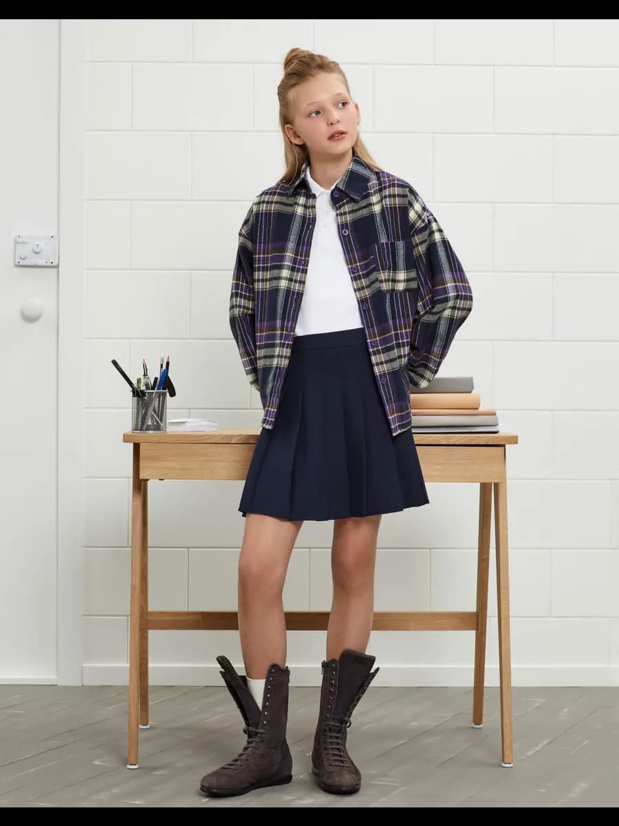 Тёмно-синяя школьная мини-юбка со складками