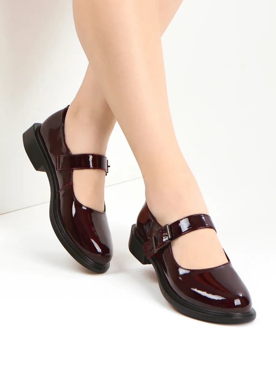 Туфли Мери Джейн без каблука бордовые лаковые