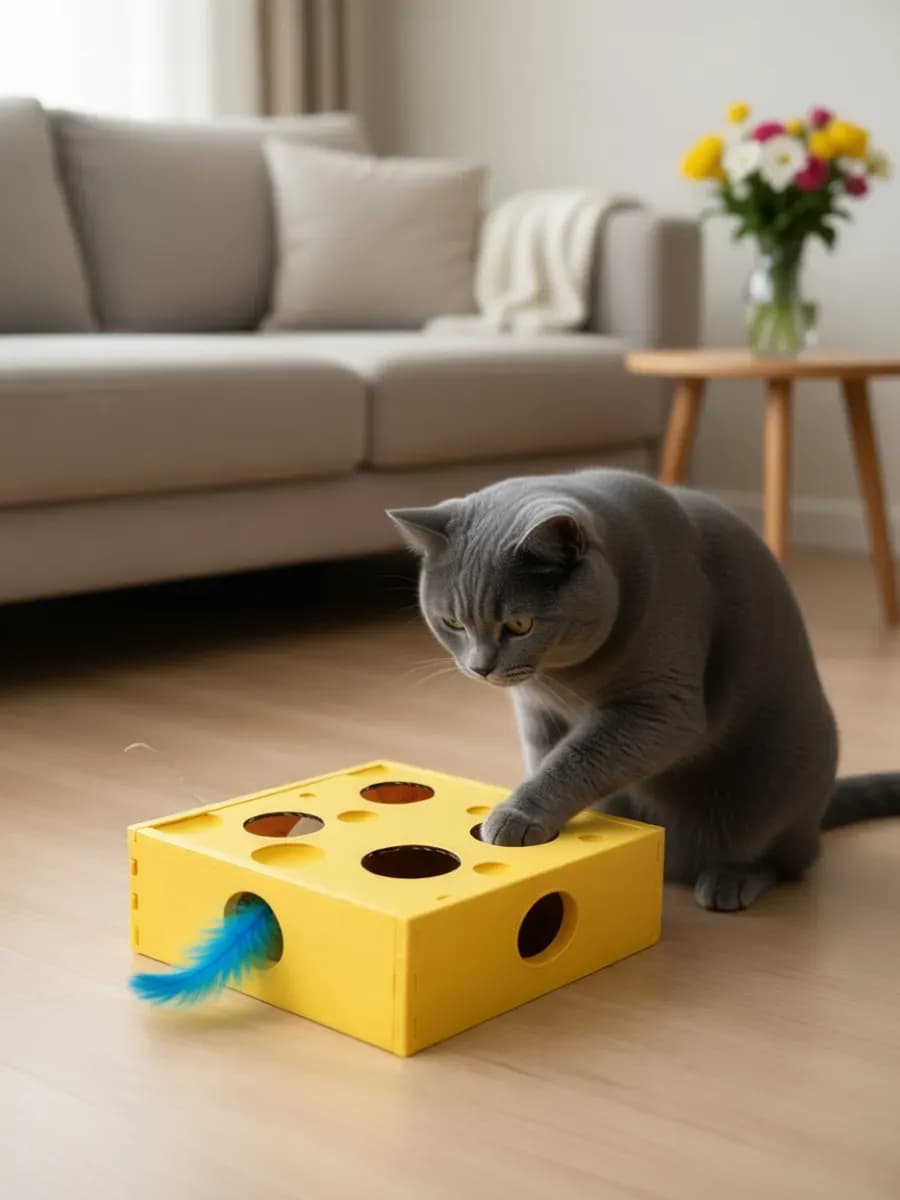 Игрушка для кошек коробка с дразнилкой и перьями