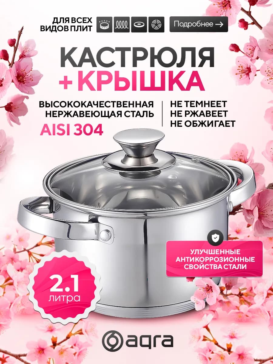 Кастрюля из нержавеющей стали со стеклянной крышкой 2 л