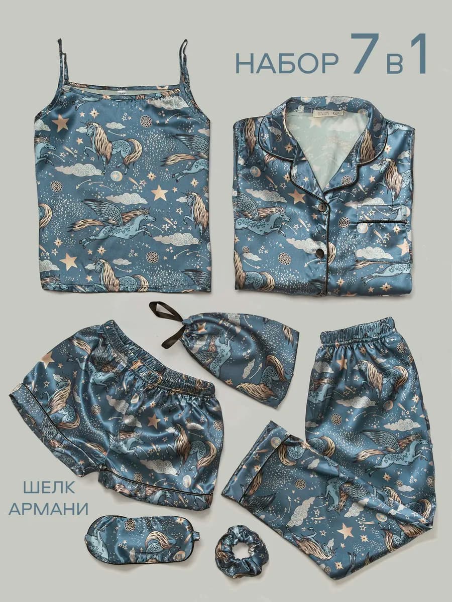 Пижама детская со штанами и рубахой шелковая единорог