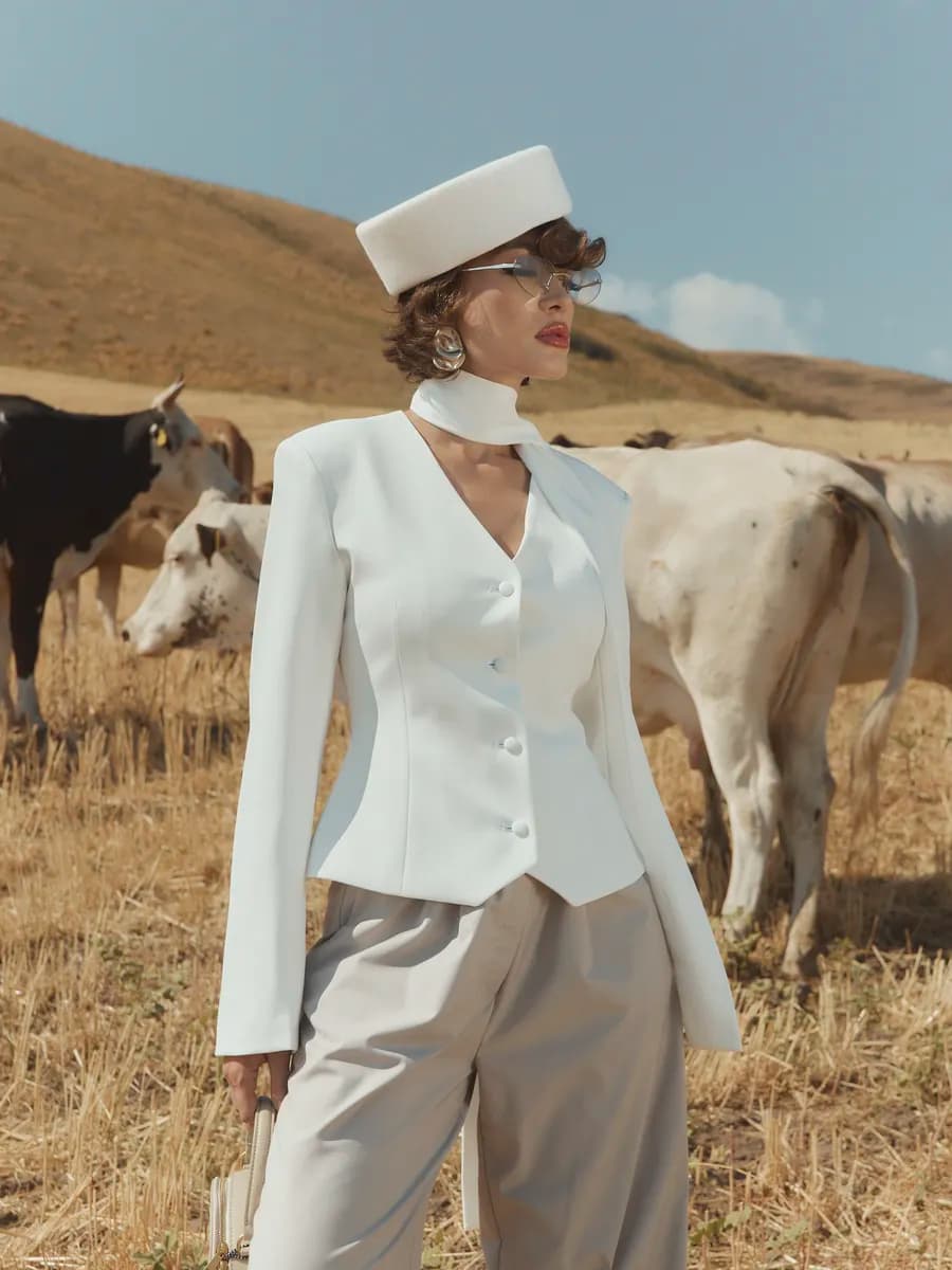 Вечерний белый пиджак приталенный с лентой на шее