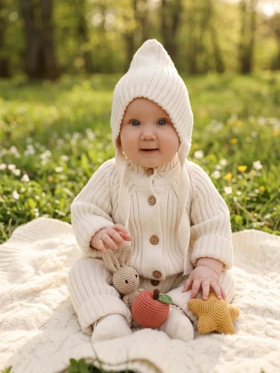 Вязаный комбинезон для новорожденных комплект на выписку