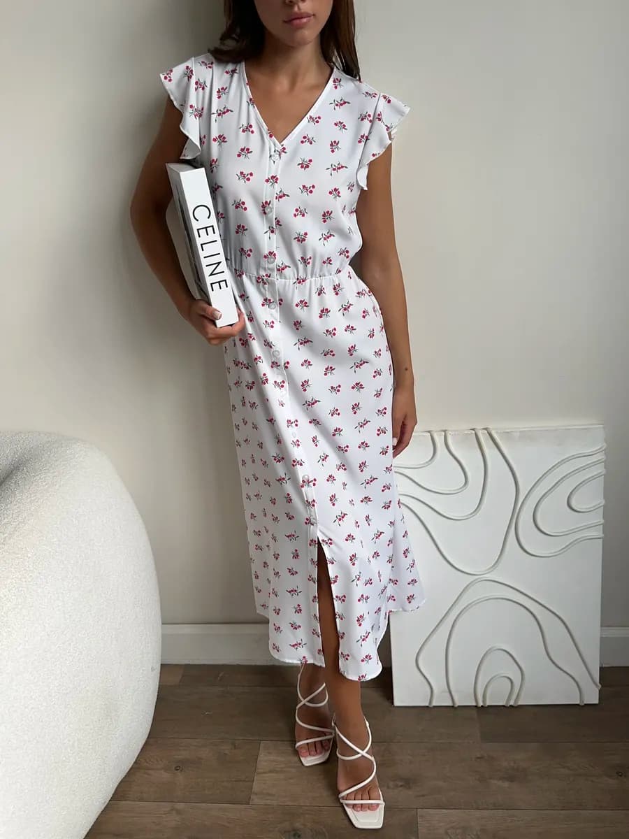 Платье миди летнее в цветочек на пуговицах