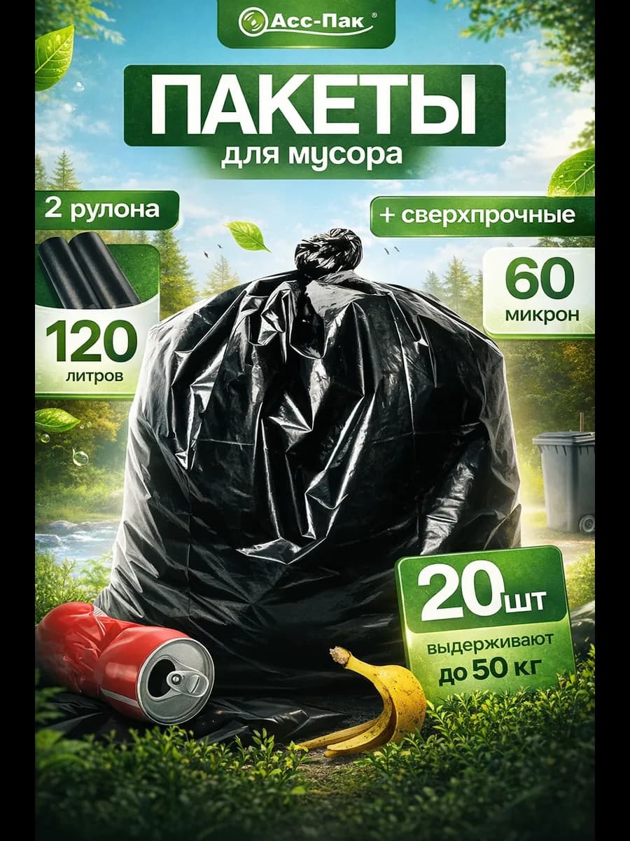 Мусорные пакеты для мусора 120 литров 20 шт сверхплотные