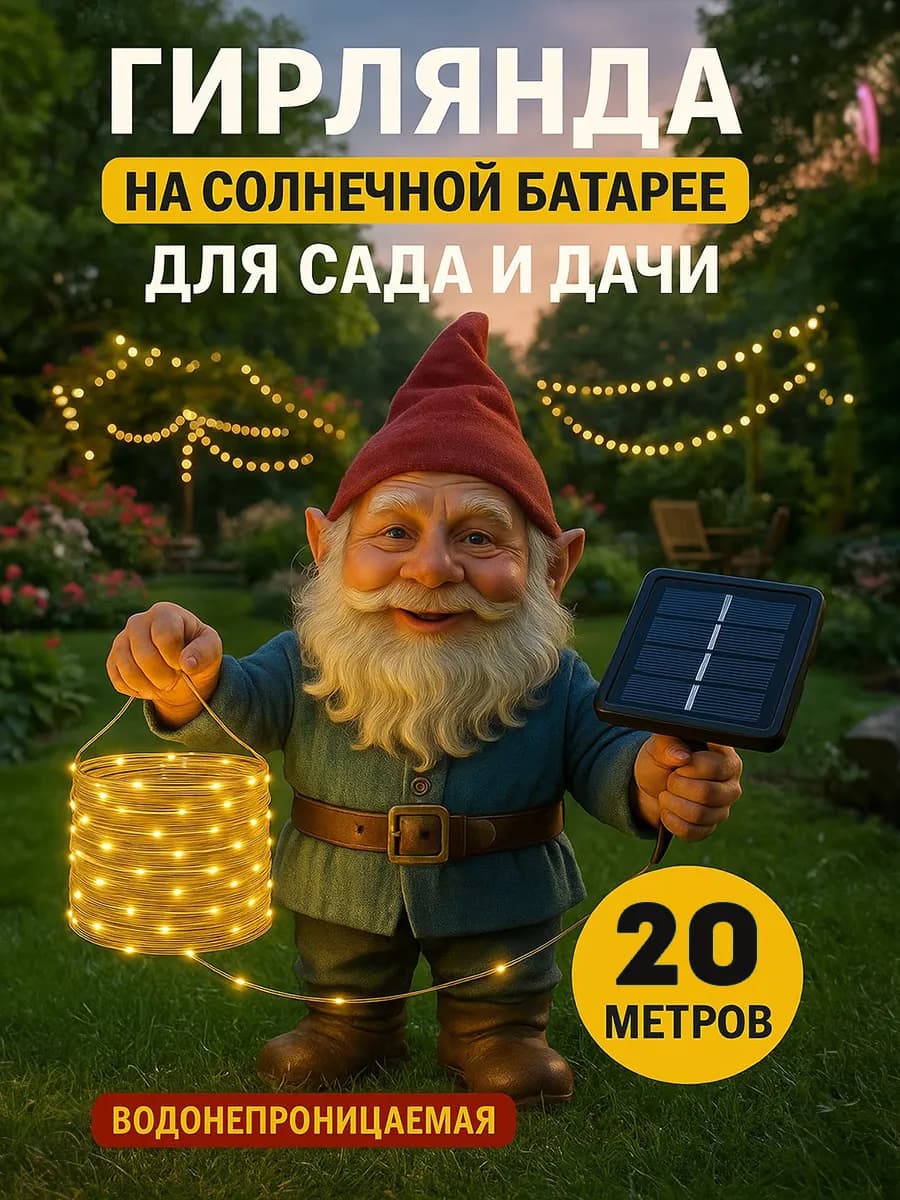 Гирлянда роса уличная на солнечной батарее 20 метров
