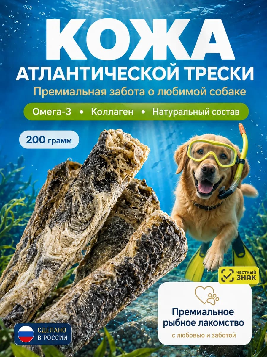 Кожа атлантической трески сушеная для собак 200 грамм