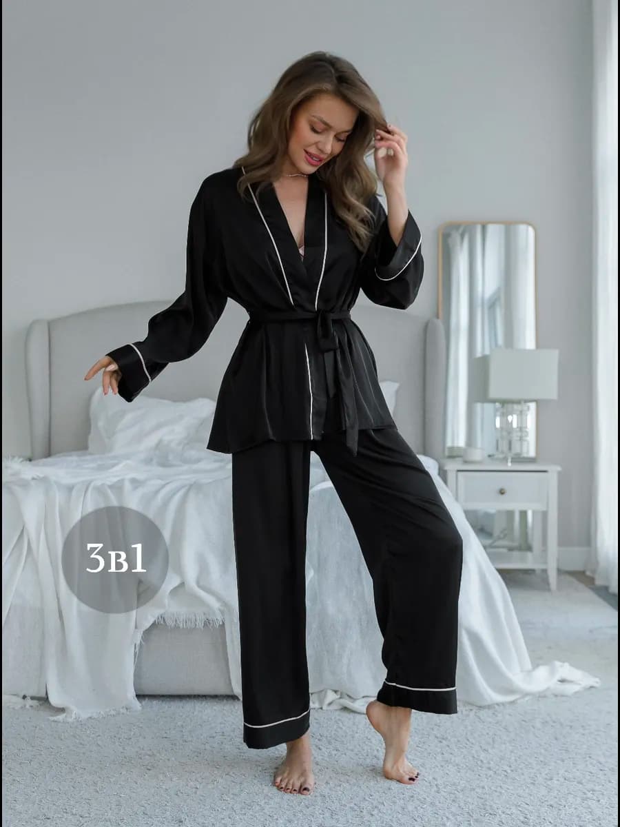 Пижама со штанами и халатом комплект 3 в 1