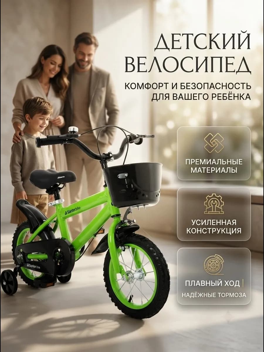 Детский велосипед 14 дюймов 4-5 лет рост 105-115 зелёный