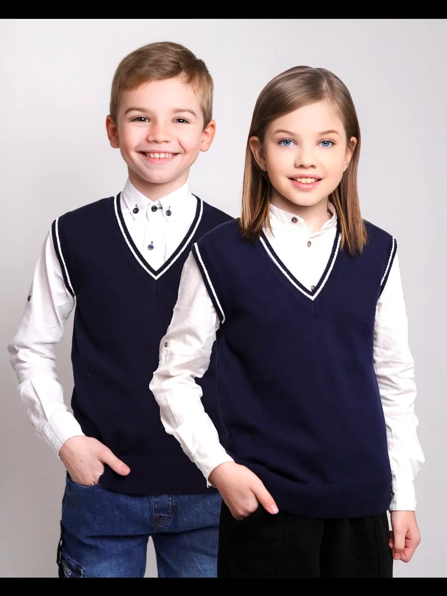 Жилет для девочки мальчика синий белый жилетка школьный