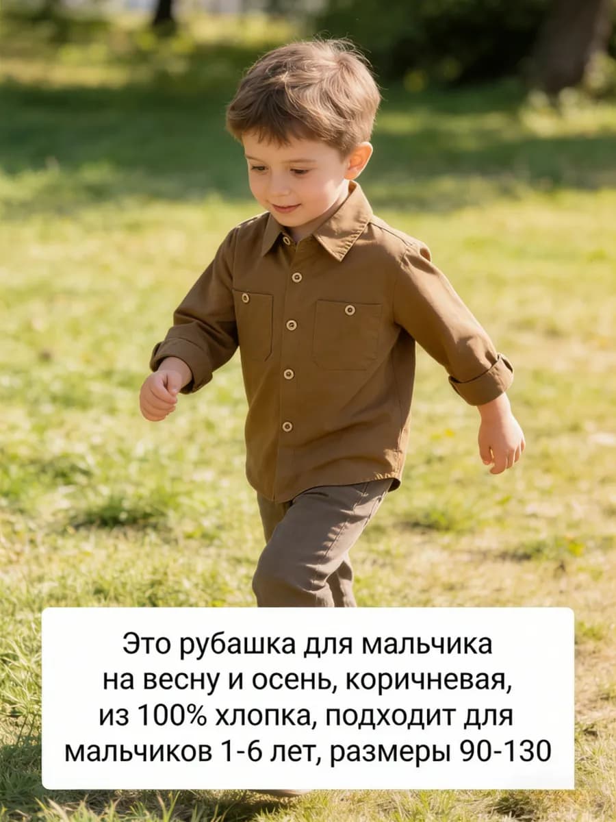 Детская удобная коричневая рубашка,длинный рукав,два кармана